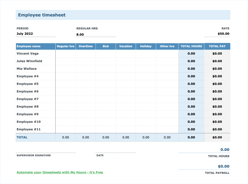 Employee Timesheet Templates & Time Tracking Software My Hours